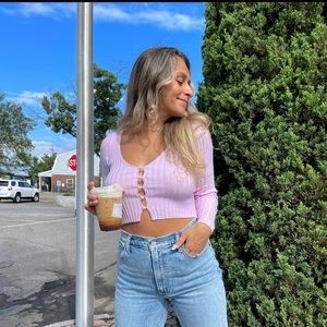 Purple cardigan with pearl buttons